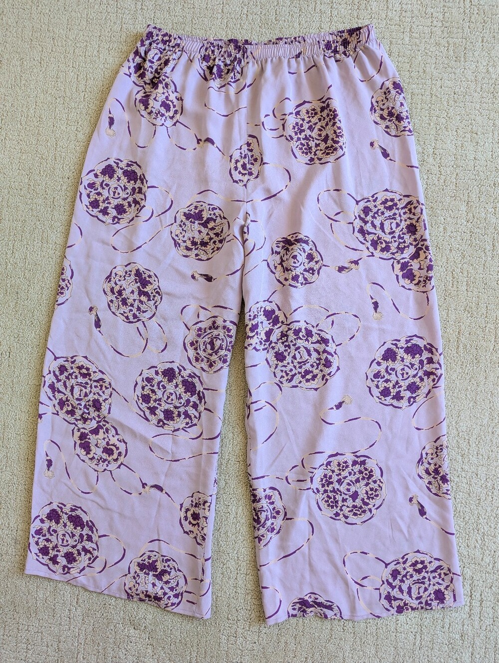 Harari 100% Silk Pants XL Purple Floral Elastic Waist Pull on Wide Leg Boho USA
